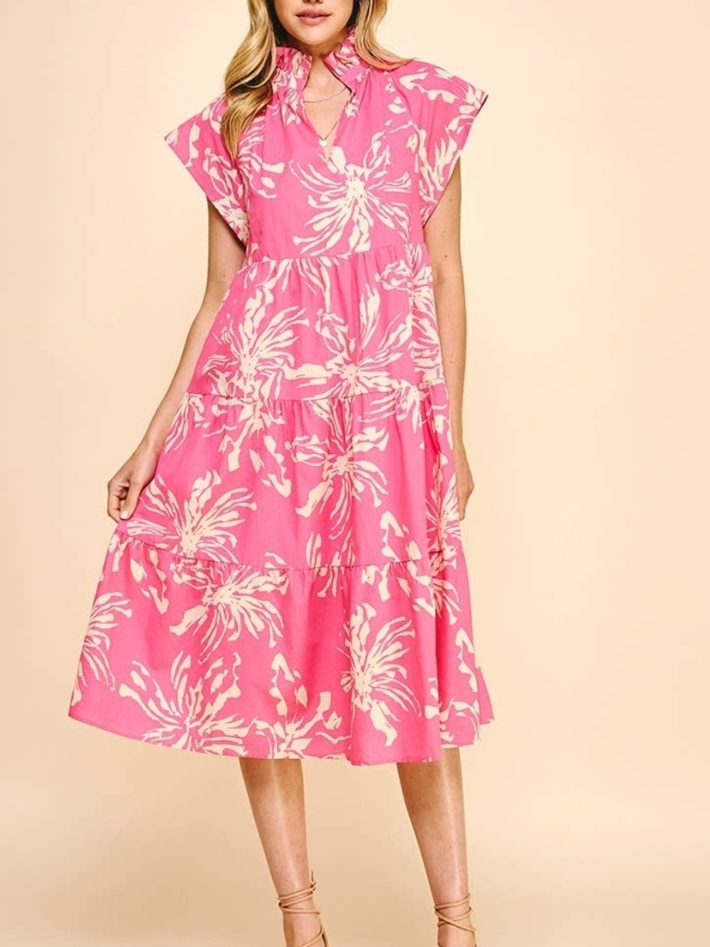 Bright Pink Floral Tiered Midi Dress with Ruffle Collar